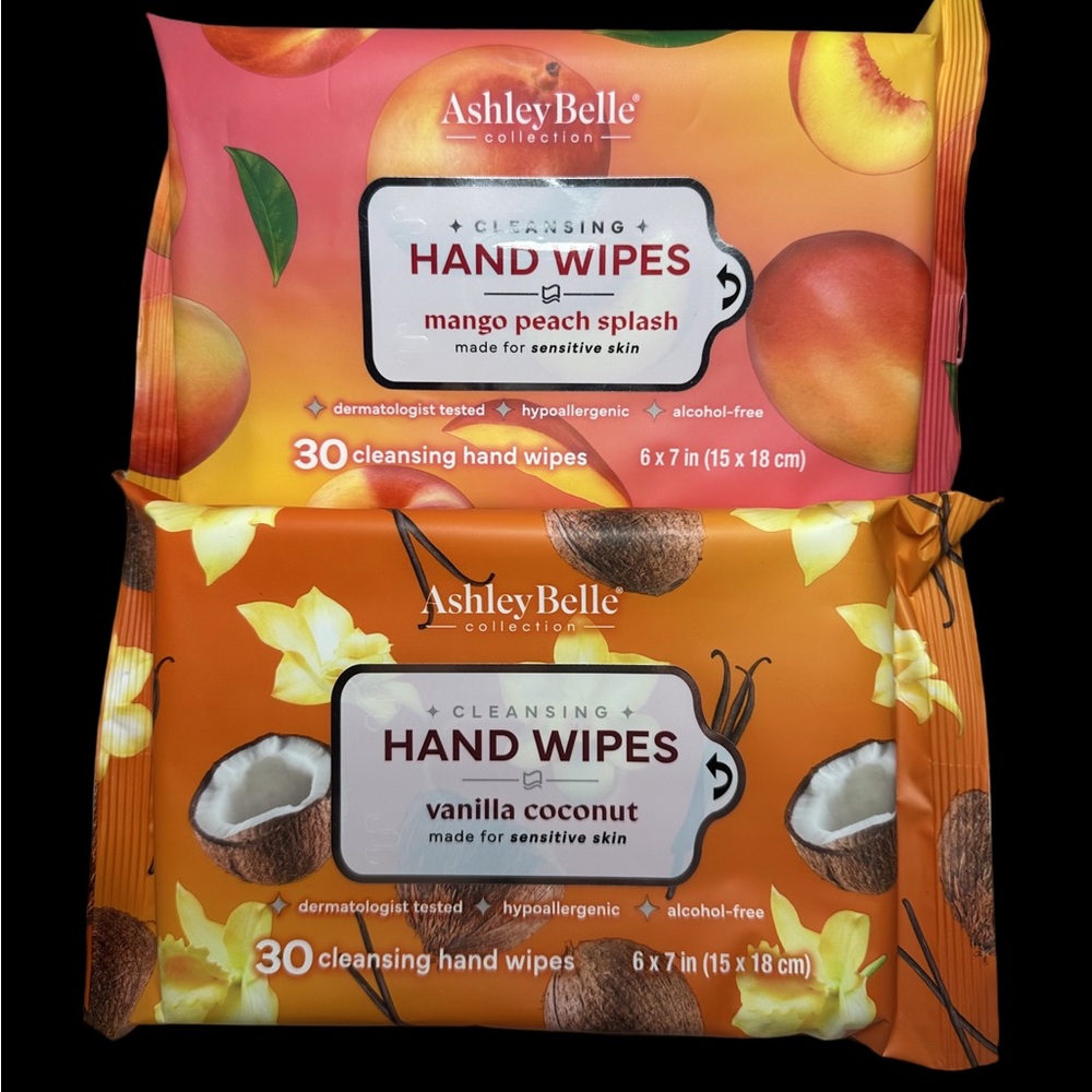 AshleyBelle. Cleansing Hand Wipes Mango Peach Splash & Vanilla Coconut (2 Pack)
